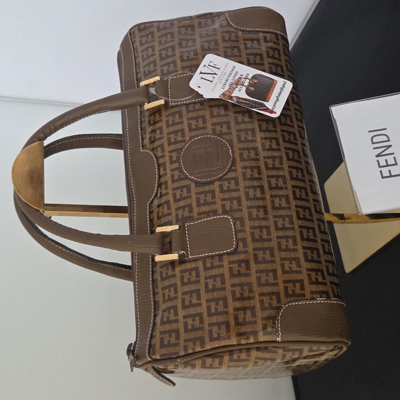 Fendi 1990s Zucca Coated Canvas Boston Bag w/textured leather- rare collectable
